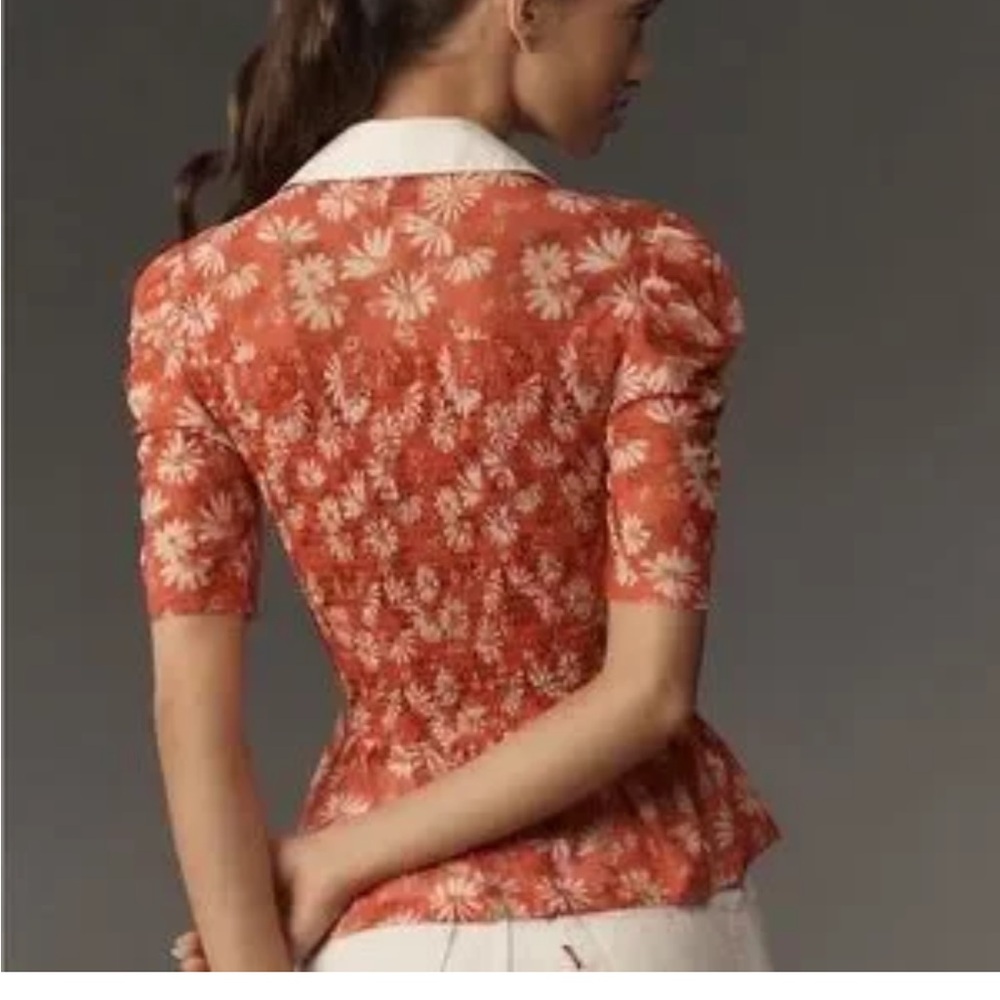 Maeve smocked Red orange Floral Blouse XS NWT Anthropologie - Picture 2 of 6
